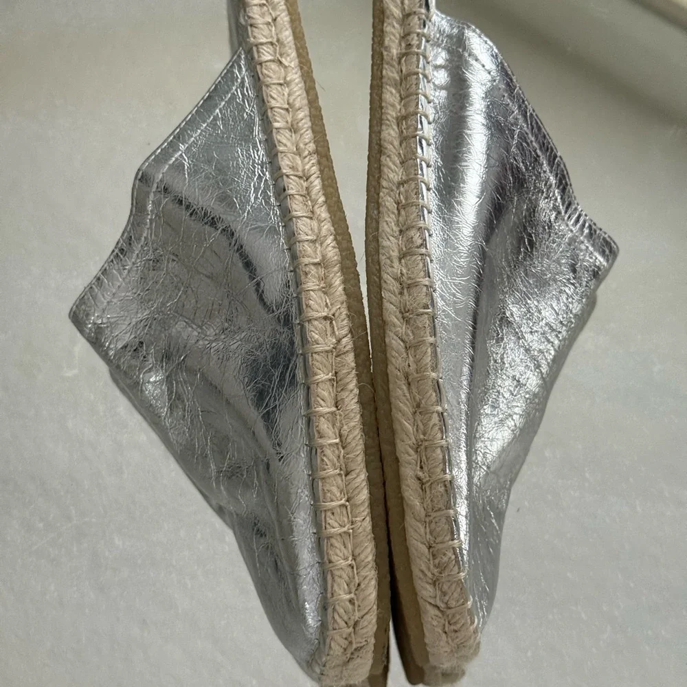 Zara crinkly leather silver metallic espadrille mules